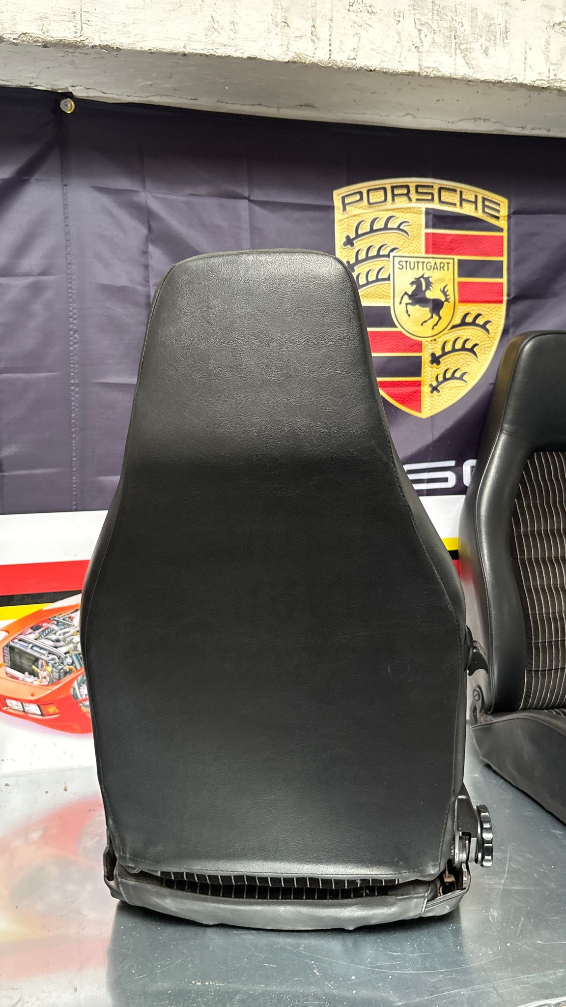 Porsche 924 944 early manual black seat set, front seats with black/white pinstripe fabric
