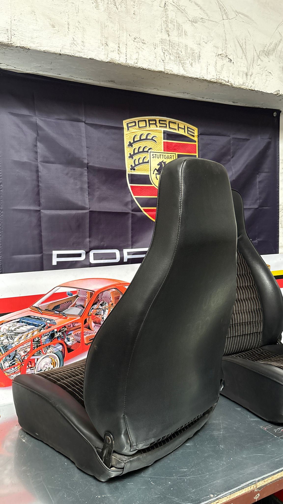 Porsche 924 944 early manual black seat set, front seats with black/white pinstripe fabric