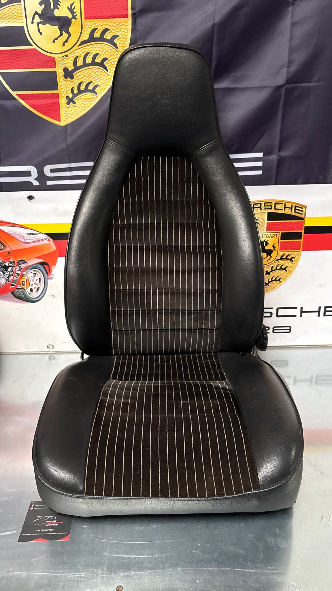 Porsche 924 944 early manual black seat set, front seats with black/white pinstripe fabric