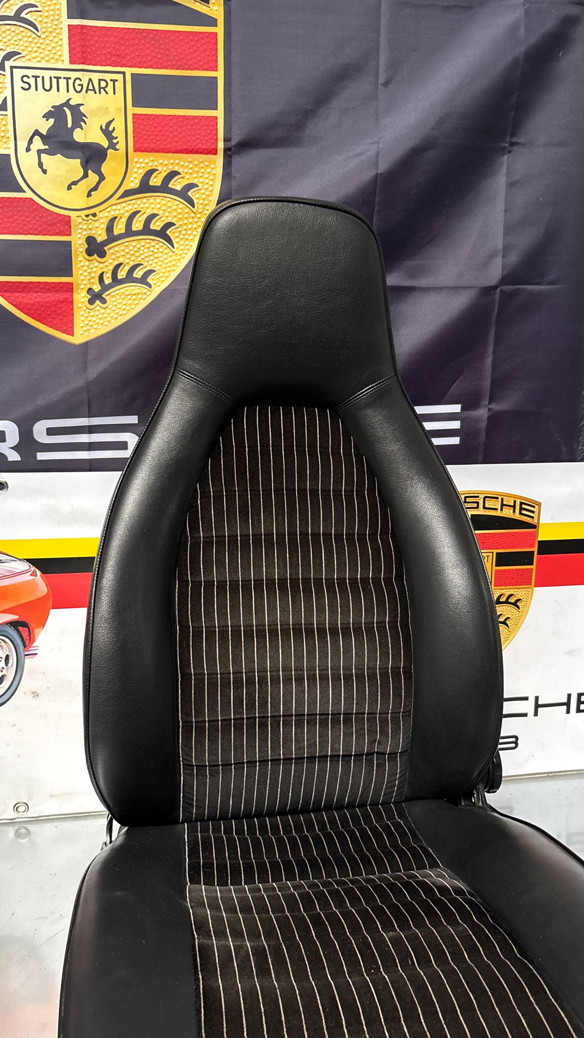 Porsche 924 944 early manual black seat set, front seats with black/white pinstripe fabric
