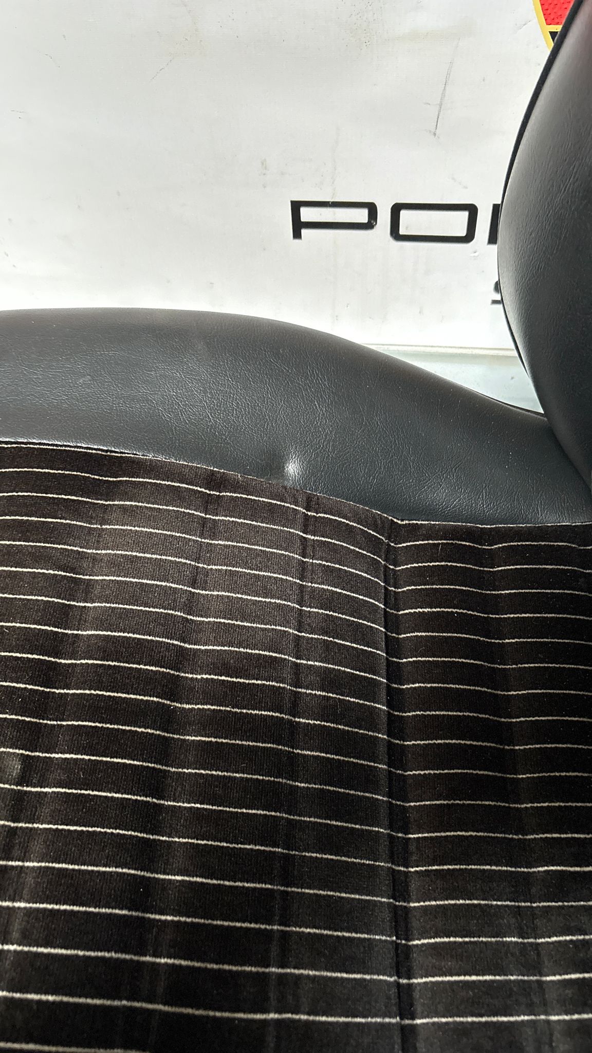 Porsche 924 944 early manual black seat set, front seats with black/white pinstripe fabric