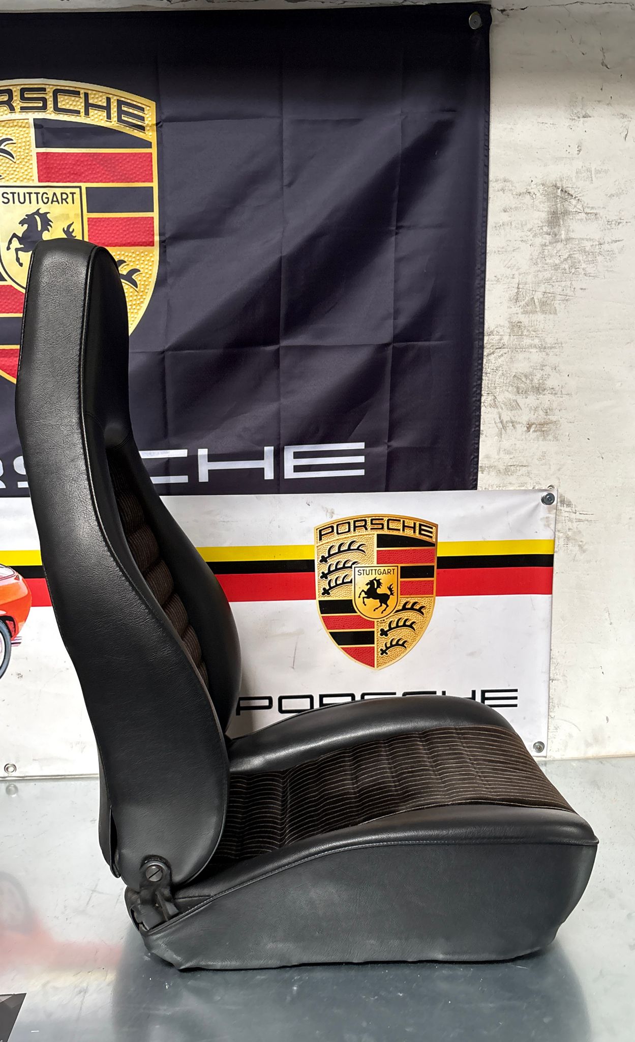 Porsche 924 944 early manual black seat set, front seats with black/white pinstripe fabric