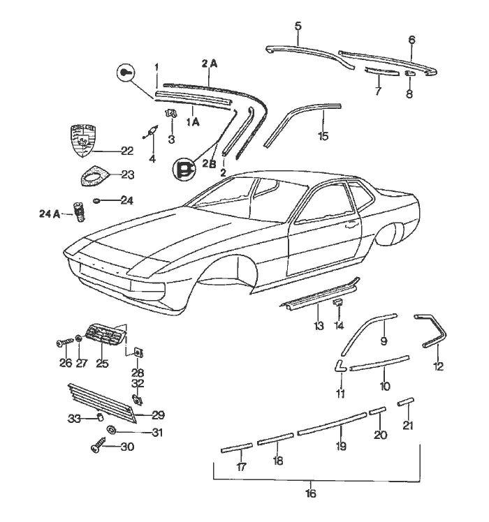 Kit completo di rivestimento carrozzeria Porsche 924. Kit da 10 pezzi. 477 853 995