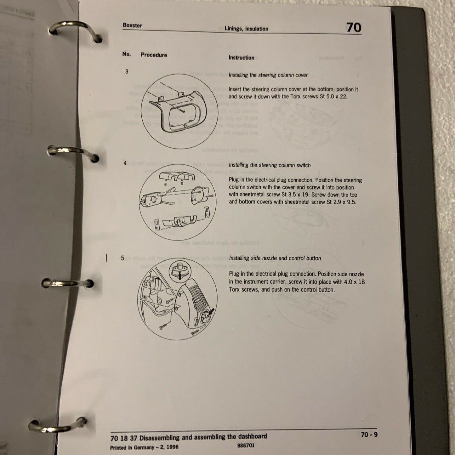 Porsche Boxster 986 Werks-Servicehandbuch Gruppe 7, Karosserieausstattung, Innenraum